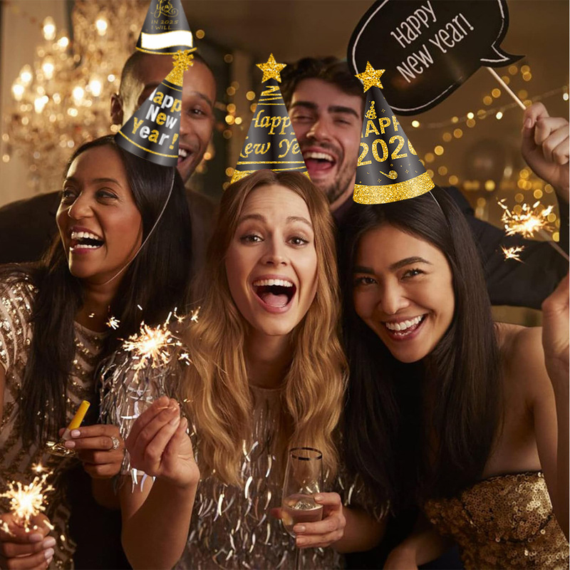 クロスボーダー 2026 新年パーティー新年の夜ブラックゴールドパーティーハット子供花火バルーン紙帽子卸売|undefined