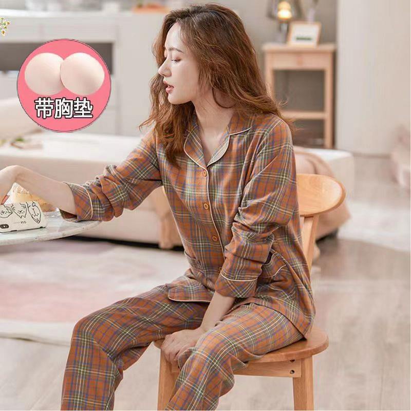Otoño 100% pijamas de algodón puro con almohadilla en el pecho pantalones de manga larga traje de dos piezas de las mujeres delgadas simples homewear