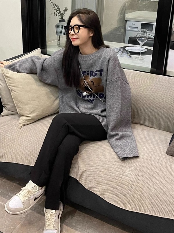 慵懒风长袖毛衣女装秋季2025新款小熊提花宽松中长款外穿针织上衣|undefined