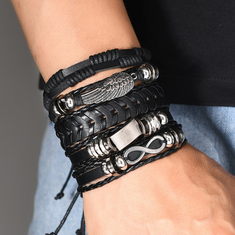 Men's Trendy Angel Wings Leather Braided Bracelet Cross-Border Hot Selling Multi-Layer Leather Braided Bracelet Set