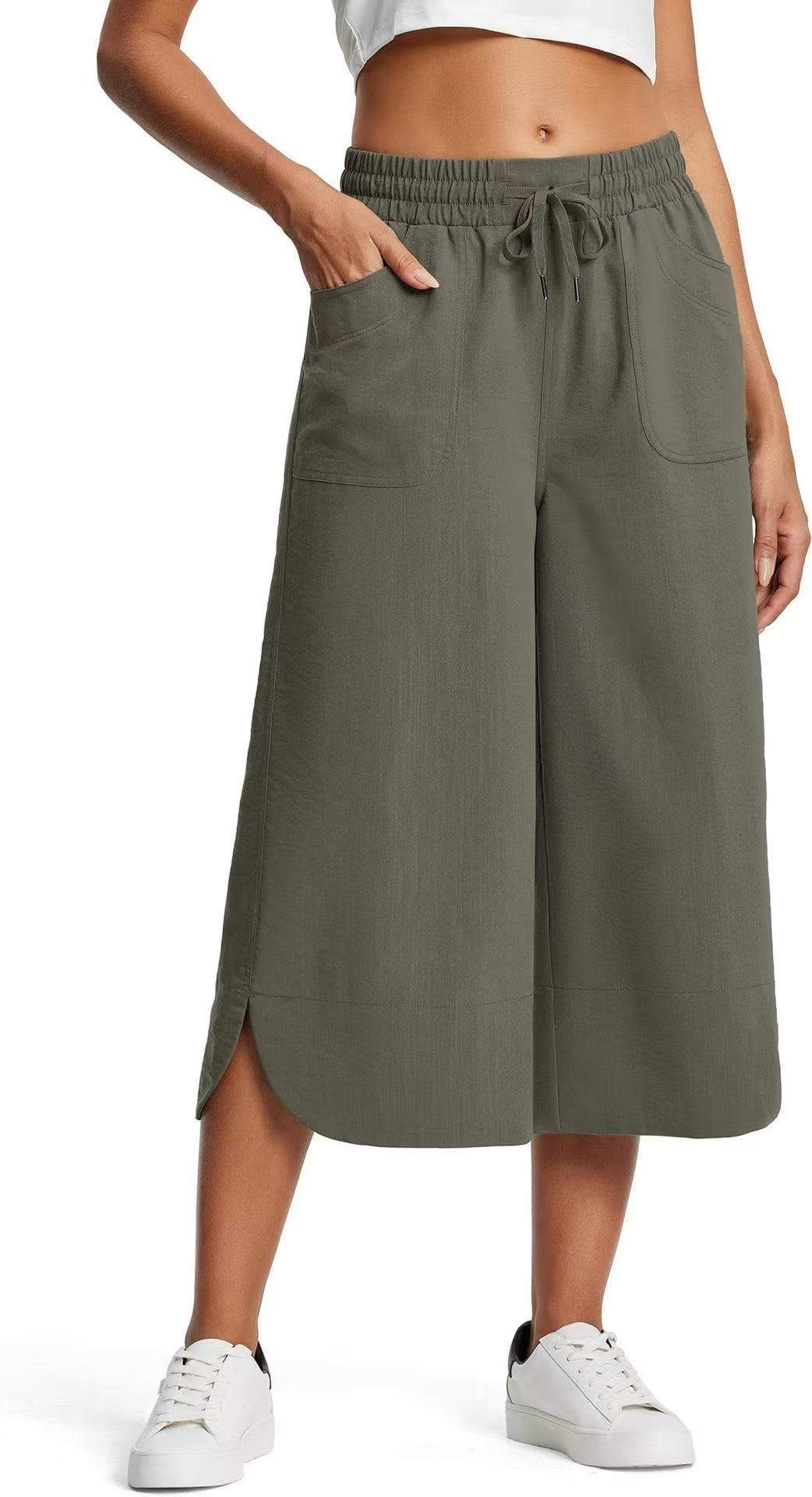 Women's Solid Color Wide Leg Capri Pants Spring Summer Elastic Waist Casual Relaxed Everyday Wear Comfortable Feshion_ecoleips.com