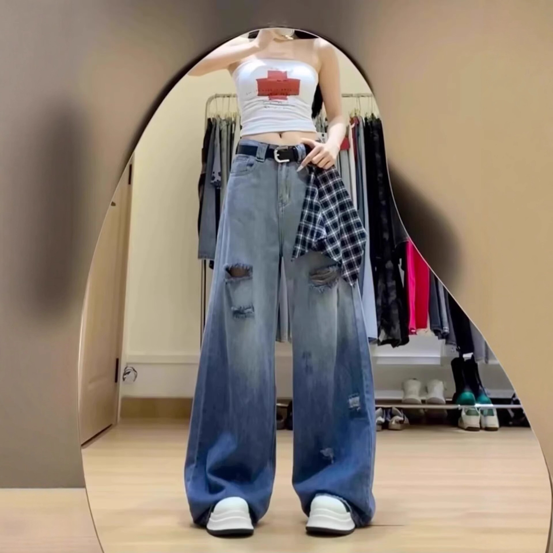 Black and Gray Gradient Ripped Wide-Leg Jeans for Hot Girls Slimming American Plaid High-Waisted Loose Straight-Leg Floor-Length Pants