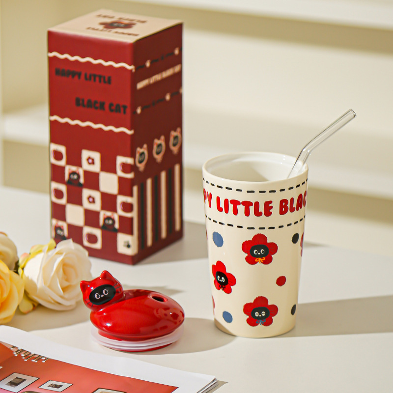 Caricatura gatito taza de paja hermosa taza de alto valor facial taza de agua taza de gran capacidad con cubierta de regalo