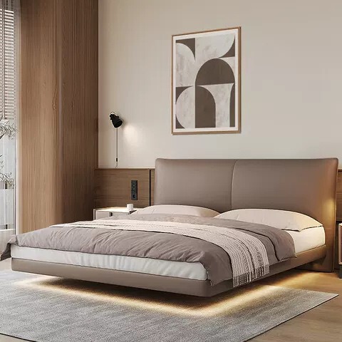 2023 New genuine leather suspension bed high-end elegant master bedroom first layer cowhide minimalist double bed