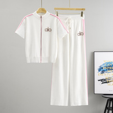 跨境欧洲站休闲运动针织套装女夏气质短袖拉链毛衣阔腿裤两件套潮