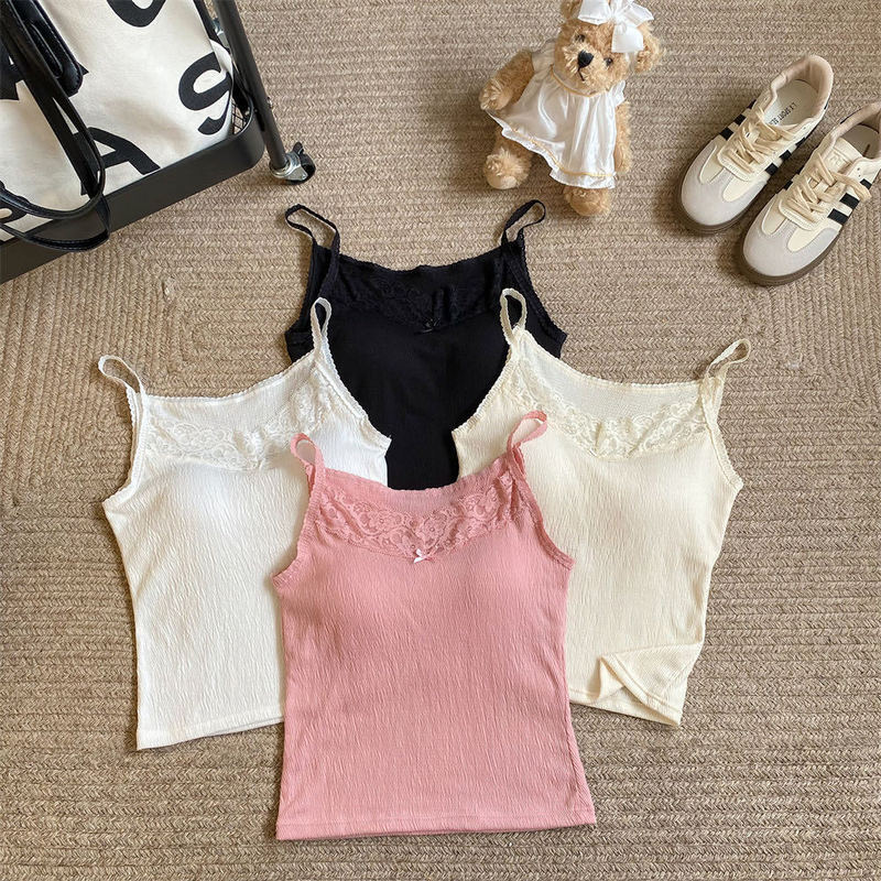 French Style Chic Lace Bow Small Sling Women's Summer 2025 New Style Spice Girl Slim-fit Outer Wear Base Top