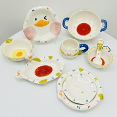 かわいいセラミック下絵色食器セット、かわいい学生寮ホームライスボウル、スープボウル、ボウル、プレート、スプーンの組み合わせ