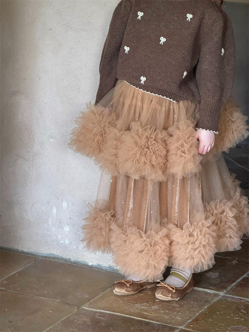 orange 24 winter korean style children‘s cake tulle skirt girls‘ vintage velvet skirt