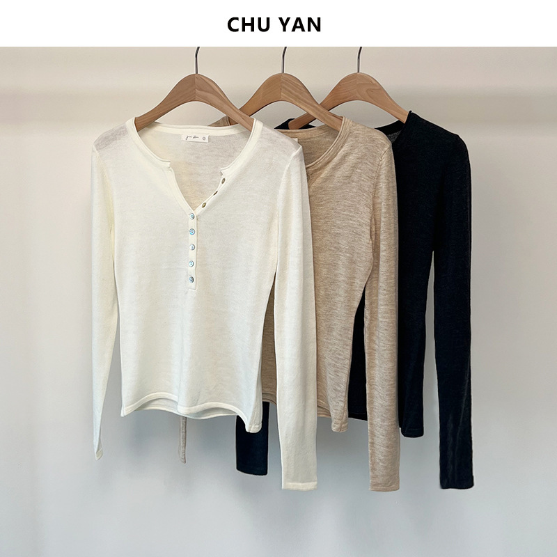 Shell Button Half-Open Collar Slim Fit Wool Knit Sweater for Women, Autumn and Winter Stretchy Comfortable Henley Base Shirt Long Sleeve T-Shirt