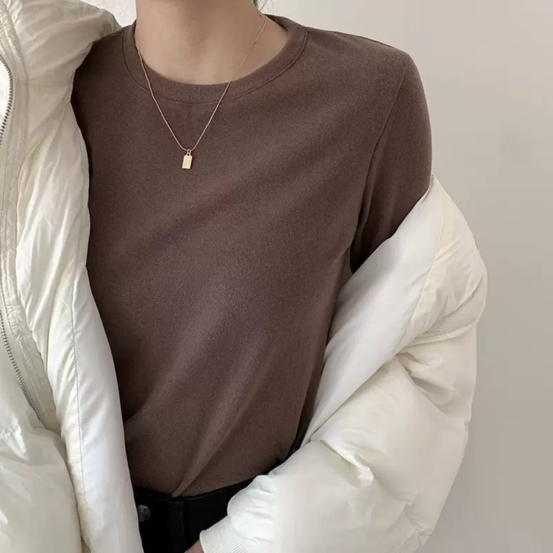 圆领打底衫女百搭保暖长袖上衣新款加绒加厚秋冬德绒黑色内搭