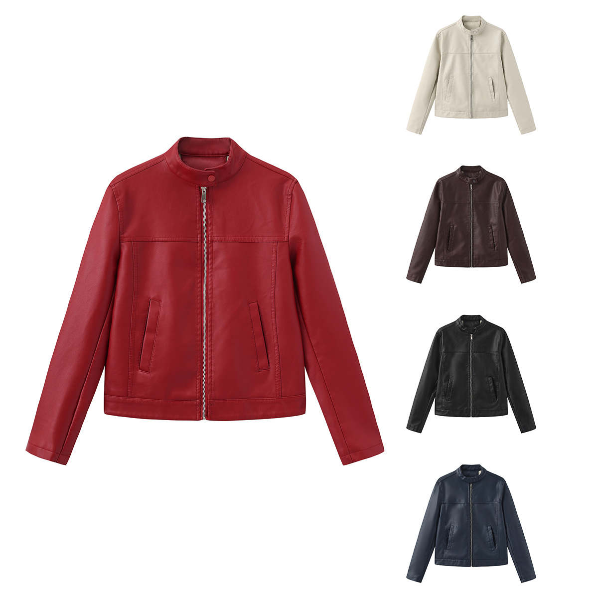 25 Spring and Autumn Casual Leather Jacket Women's Fashion European and American Street European and American Size Stand Collar Jacket Cross-Border Motorcycle Jacket Pj46