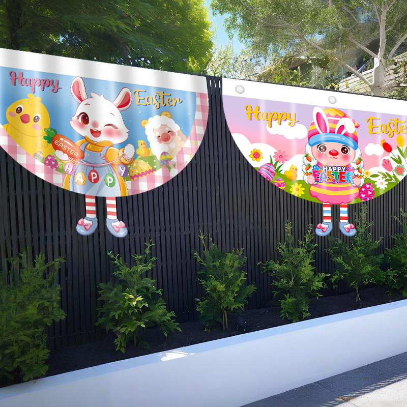 Transfronterizos nueva bandera en forma de ventilador de Pascua de dibujos animados conejo enano bandera semicircular de decoración al aire libre bandera de jardín