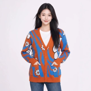 跨境定制热销款秋冬时尚标志太阳花图案女式V领开衫针织衫毛衣