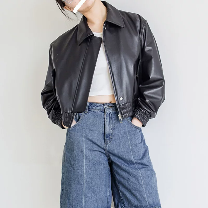 Пиджак короткий, натуральная кожа, oversize