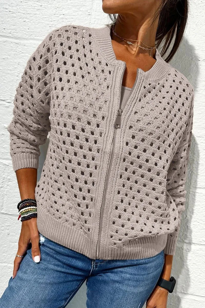 2026 nueva estación independiente de Amazon Europa y Estados Unidos ropa de mujer casual jersey hueco chaqueta con cremallera de punto chaqueta de mujer