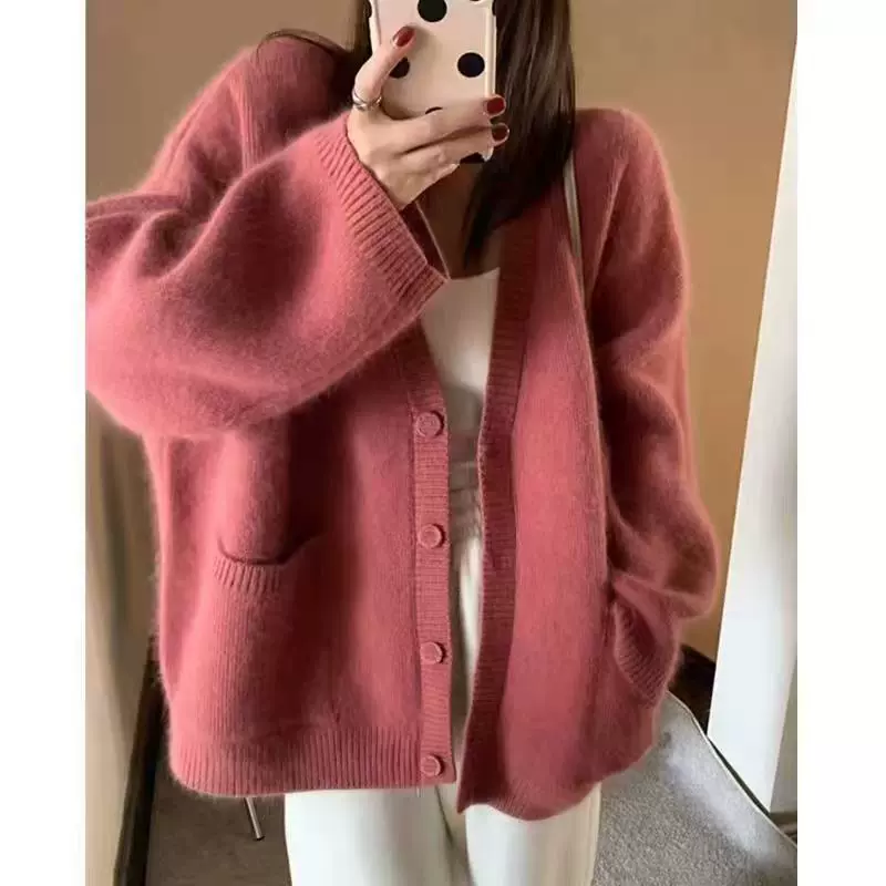 韩系复古纯色v领针织开衫2025秋季新款宽松休闲软糯毛衣外套女装