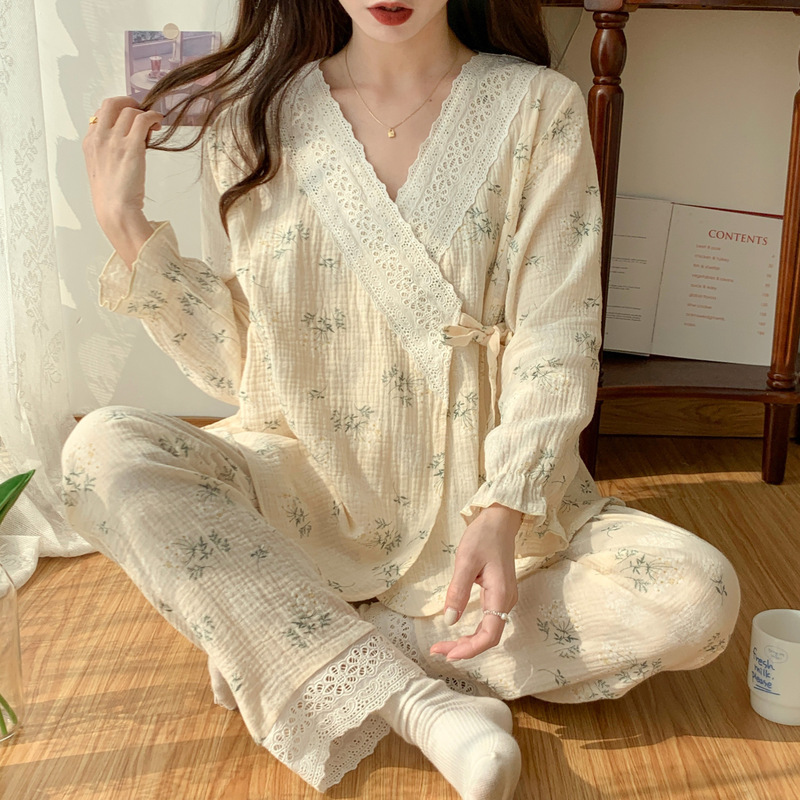[Spot 8960] cotton gauze monthly clothing spring and summer thin kimono nursing pajamas pregnant women postpartum nursing clothes