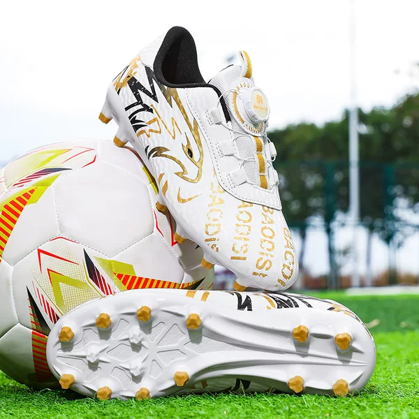 Cross-border outdoor soccer shoes for elementary and middle school students, featuring a rotating buckle design, TF (turf) cleats, and a unisex style, suitable for professional training
