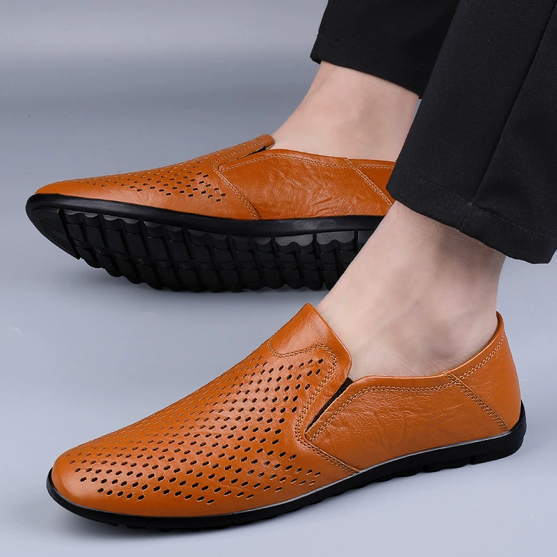 Foreign Trade Мужские полые сандалии больших размеров Весенне-летняя деловая повседневная обувь из воловьей кожи Мужская обувь для вождения, фасоль, кожаная обувь