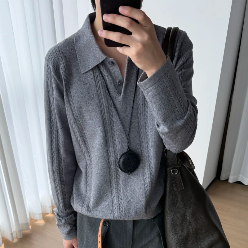 Men's Retro Knit Sweater, Oversized Collared Pullover In Grey_voghion.com