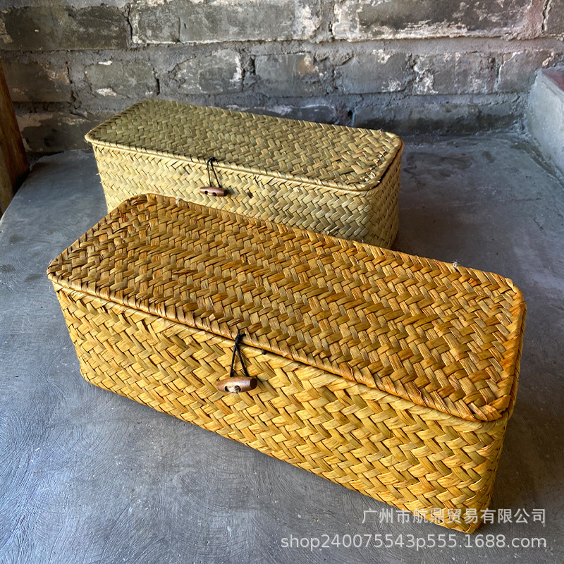 Cestas de almacenamiento de algas de mar tejidas a mano no bambú tejido profundo material tres particiones de almacenamiento tejido tejido canasta de papel al por mayor retro