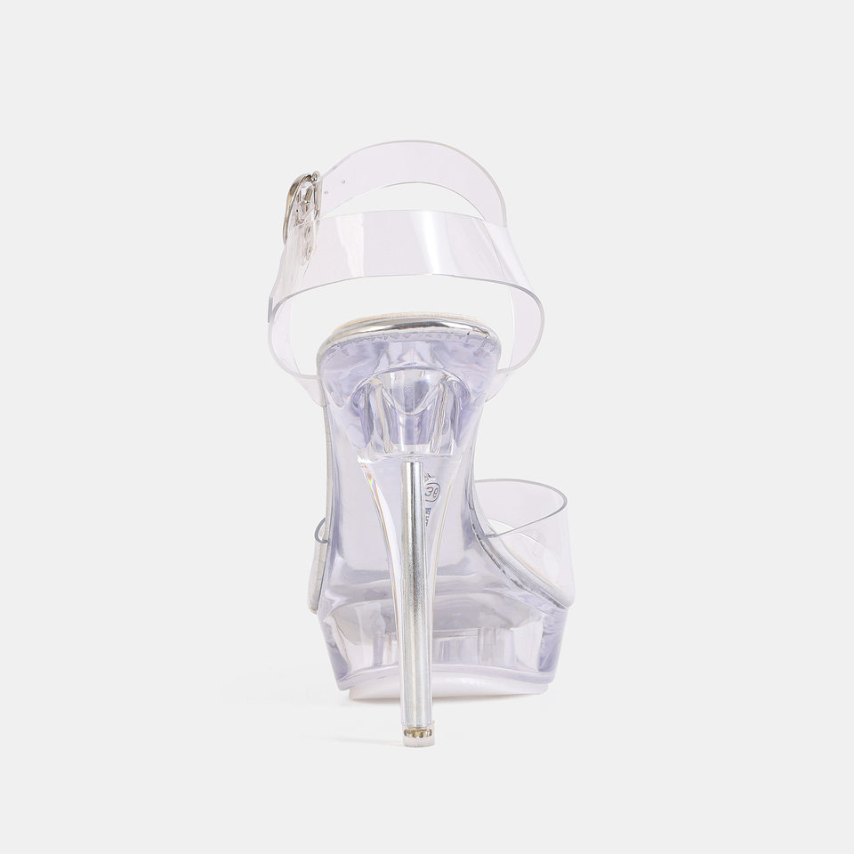 Sandal nữ gót nhọn pha lê mũi hở quai ngang, gót cao trên 8 cm — bạc, màu hồng, màu mơ, màu đỏ