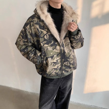 美式复古毛边拼接做旧迷彩连帽外套男女宽松冬休闲夹克棉服男上衣