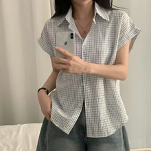韩国chic时尚潮品女装格子衬衫2025夏日单排扣宽松短袖4色衬衫开