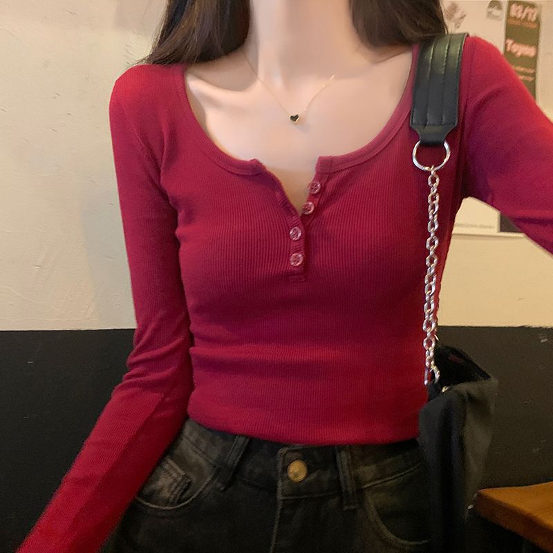 Chic Button U-collar T-shirt Women's 2024 Autumn and Winter New Slim-fit Long-sleeved Elegant Base-layer Shirt with Short Top