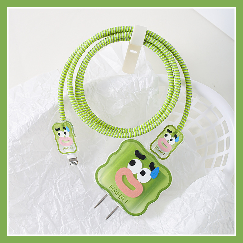 【Cara sonriente verde】Funda protectora + Cordón + Protector de cable