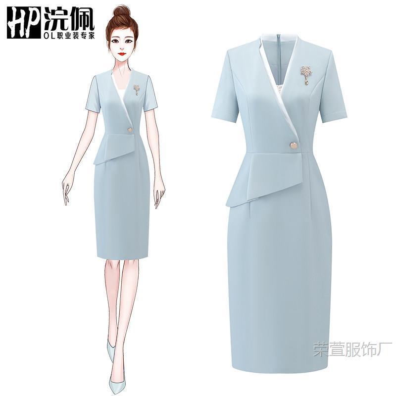 Professional Commuter Stewardess Dress, Women's Short-Sleeve V-Neck Elegant Formal Wear, Customer Service Uniform for Sales Department and Medical Beauty Work Professional Commuter Stewardess Dress, Women's Short-Sleeve V-Neck Elegant Formal Wear, Customer Service Uniform for Sales Department and Medical Beauty Work