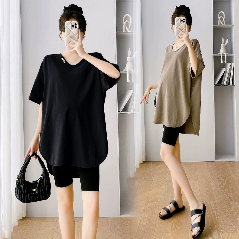 Summer clothing for pregnant, T-shirt, summer body-friendly set, with short sleeve, V-neckline, for teenagers, Korean style