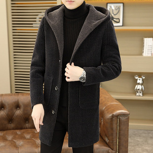 Men's Woolen Coat Winter New Thickened Mid-length Hooded Coat Youth Casual Trendy Woolen Coat