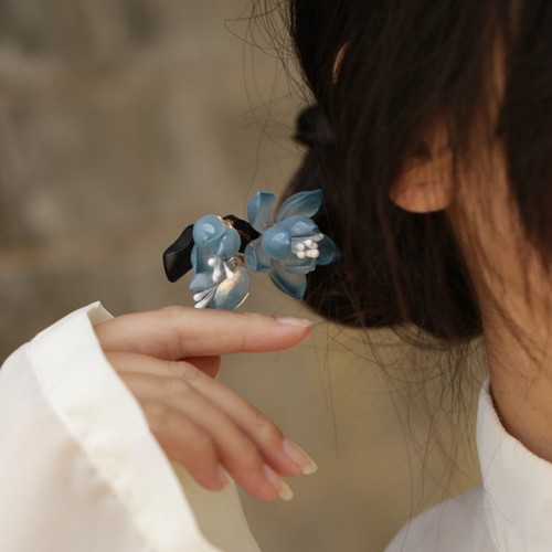 Blue Ancient Style Magnolia Hairpin, Simple Wood Hairpin Tray, Round Bun, National Style Summer High-End Design Hairpin for Women