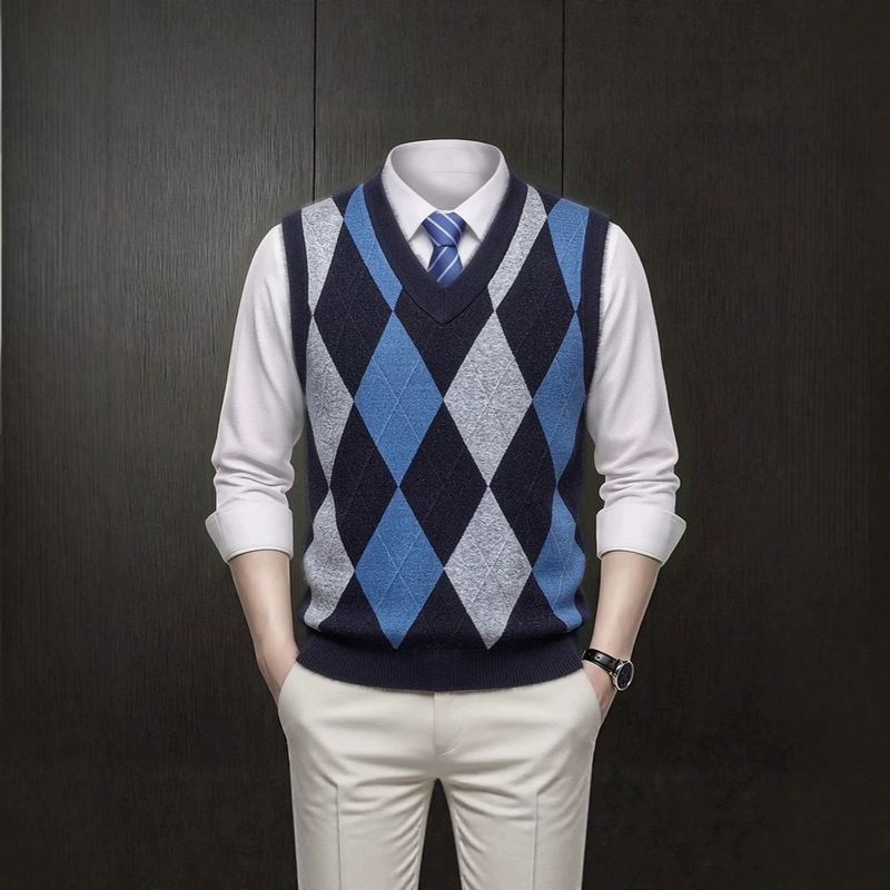 370g thickened casual vest for men, sleeveless loose-fitting men's clothing, spring and autumn diamond-patterned knitted sweater base shirt