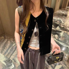欧洲站2025秋季新款时尚中式丝绒拼接无袖坎肩背心女宽松显瘦马甲