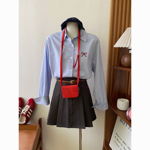 Retro Hong Kong Style Bowknot Embroidered Striped Shirt 2025 Autumn Casual Loose Versatile Long-Sleeved Top Jacket for Women