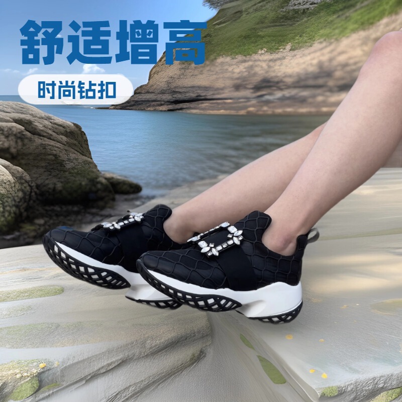 Rhoades New Rhinestone Square Buckle Women's Shoes Height-Increasing Breathable Casual Sneakers Korean and Japanese Trendy Brand Shoes