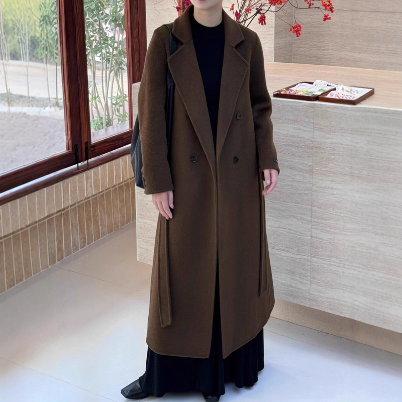 2025 New Autumn and Winter Double-Sided Cashmere Outwear for Women, Loose and High-End Black Right Shoulder Woolen Outwear, Extra Long