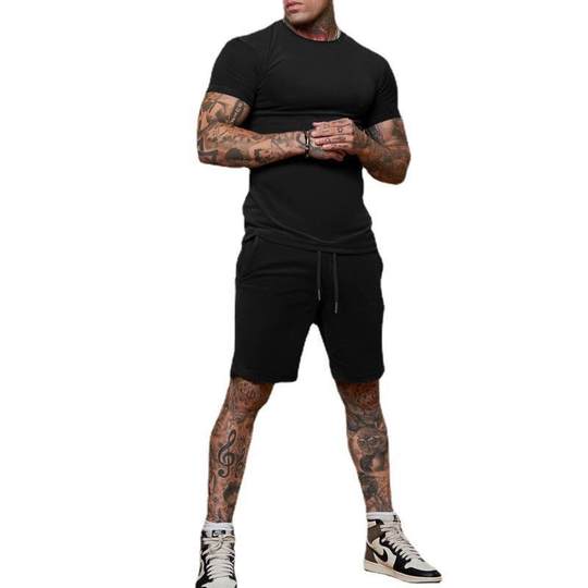 Foreign Trade Men's Solid Color Shorts Short-sleeved T-shirt Sports Suit Men's Thin Summer Two-piece Printable logo