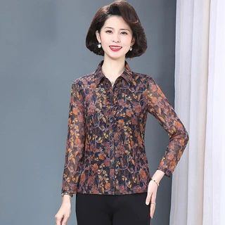 妈妈时尚洋气上衣春秋新款台湾纱小衫高贵中老年套装大码休闲衬衫