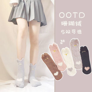 Autumn and Winter coral fleece mid-calf length socks fleece-lined thickened floor socks cat ear home confinement socks cartoon Three-dimensional cute