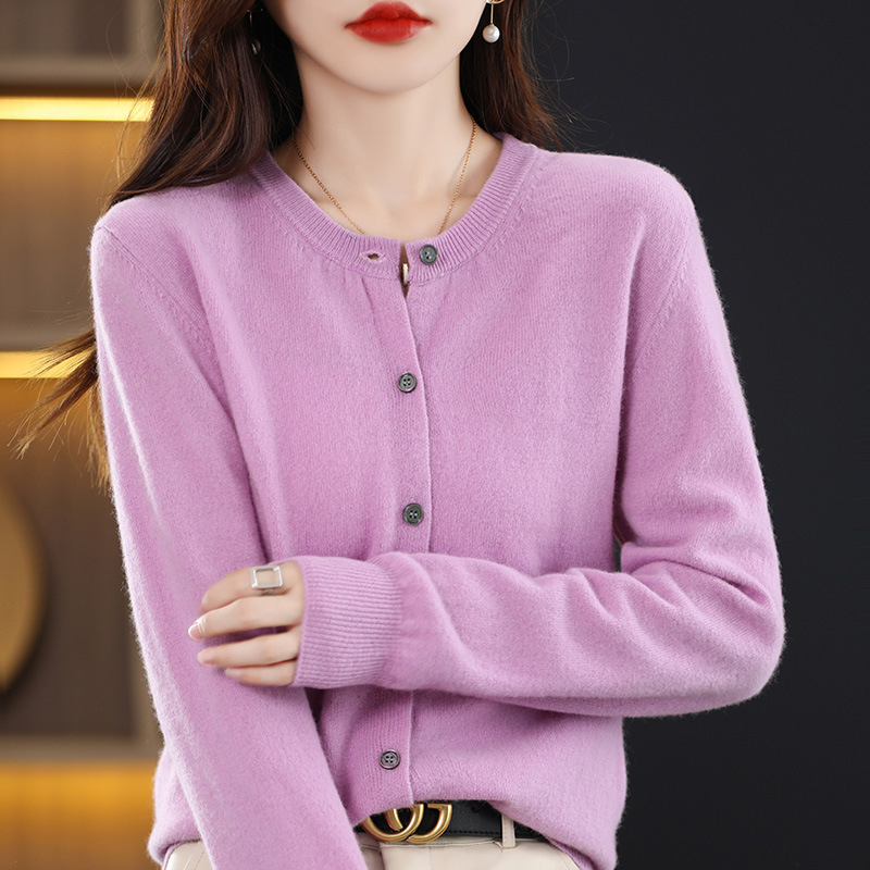 Top Women's Knitted Button Cardigan Style Round Neck Women's Wool Jacket Autumn and Winter Sweater Solid Color Loose New Arrival
