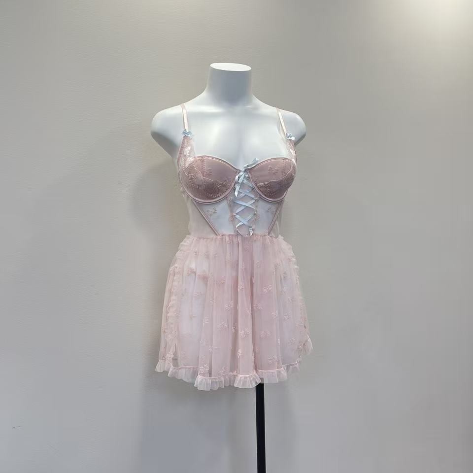 Meiyi 20205 New Sexy See-Through Mesh Embroidered Suspender Skirt Sexy Coaster Nightgown