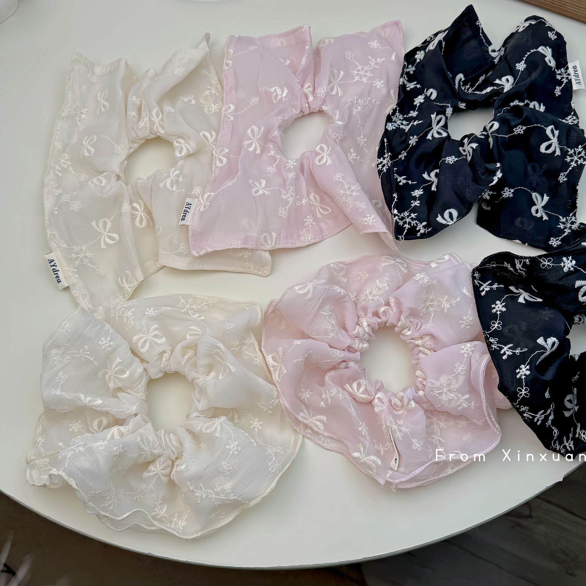 春夏网纱蝴蝶结甜美大肠发圈方巾甜美粉色扎马尾丸子头发饰新款