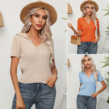 自主设计 麻花翻领短袖针织衫女绞花短款上衣夏新款 欧美跨境女装