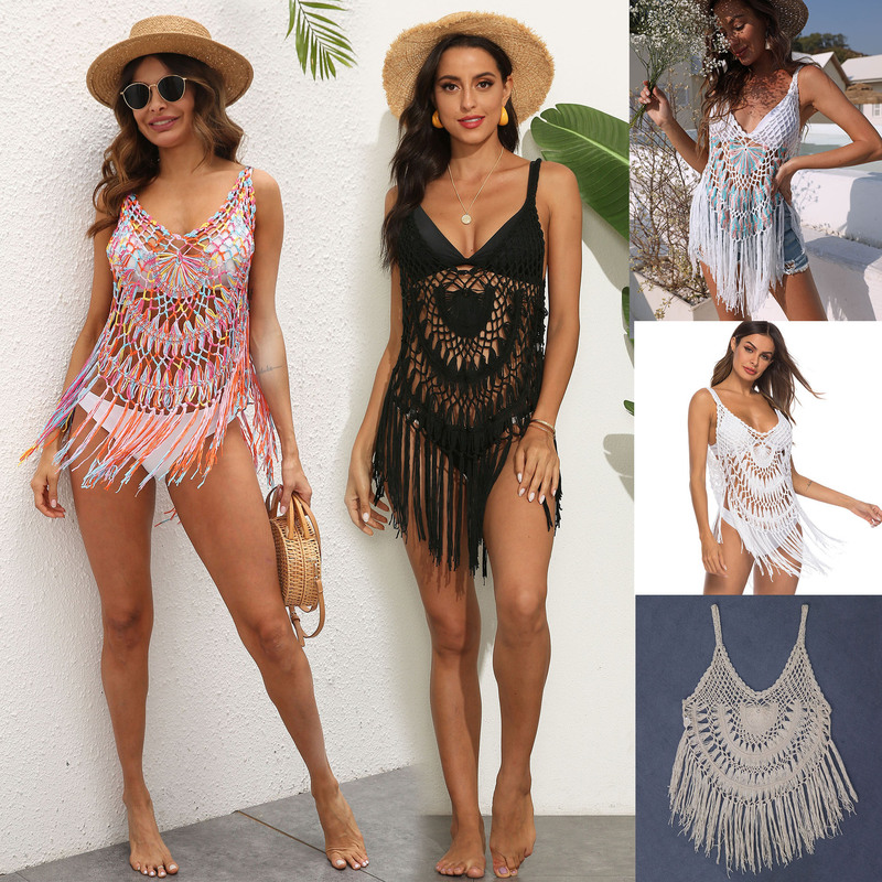 Cross-Border Supply European and American Sexy See-Through Pure Hand Hook Tassel Splicing Beach Bikini Cover-Up Suspender Skirt A267