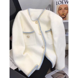 秋冬新款法式小香风仿水貂绒长袖毛衣针织开衫女高级别致宽松上衣