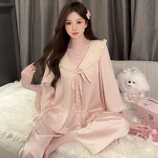 Pure Desire Style Pajamas Women's Autumn 2024 New Ice Silk Long Sleeve Home Wear Sweet Lace Court Style suit