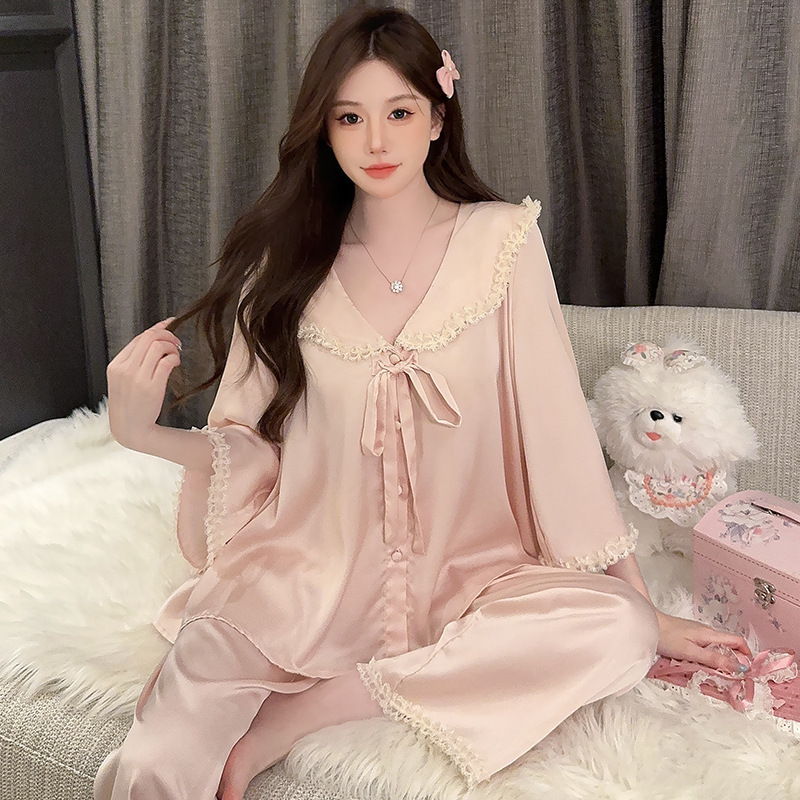 Pure Desire Style Pajamas Women's Autumn 2024 New Ice Silk Long Sleeve Home Wear Sweet Lace Court Style suit